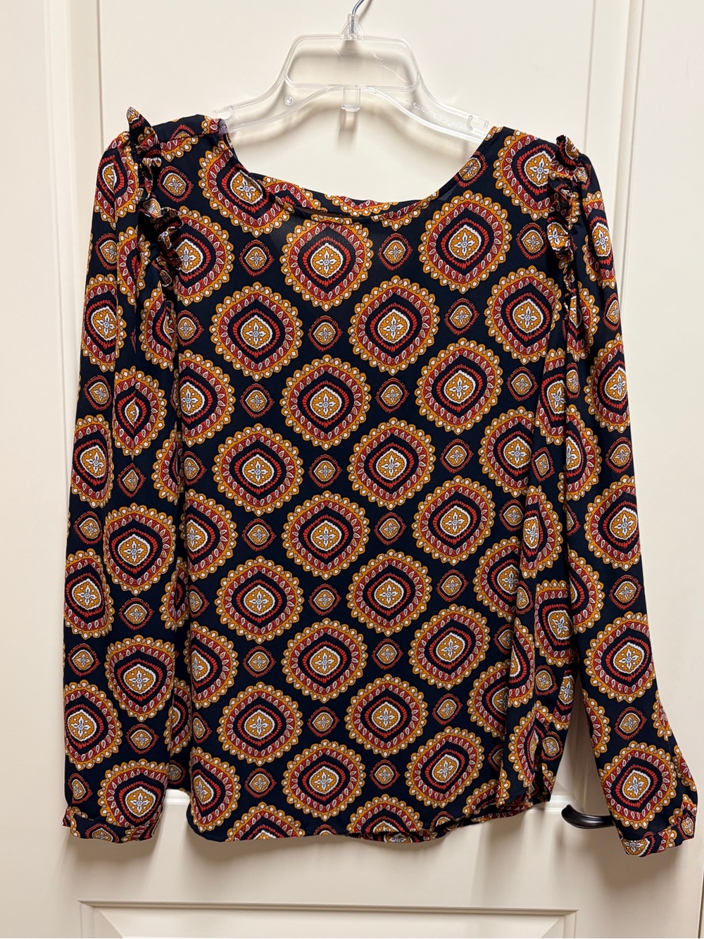 LOFT Black Geometric Medallion Long-Sleeve Blouse
